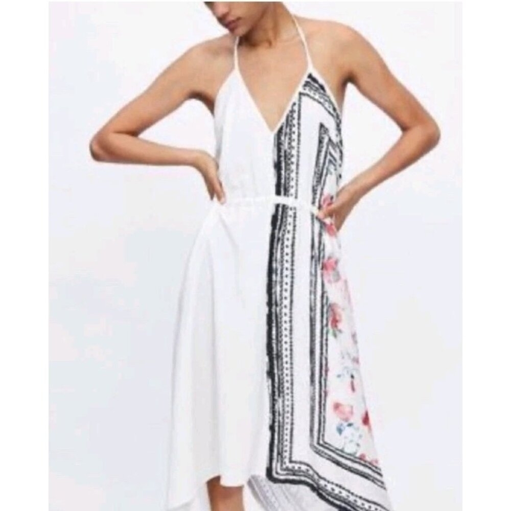 ZARA Combined Asymmetric Halter V-Neck Dress Rose Print Black/White/Red Sz S